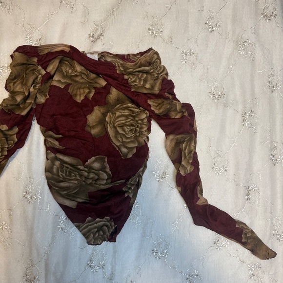 Deadstock Y2K Fall Rose Ruched Long Sleeve Bodysuit – Small (Made in USA) - Picture 4 of 4